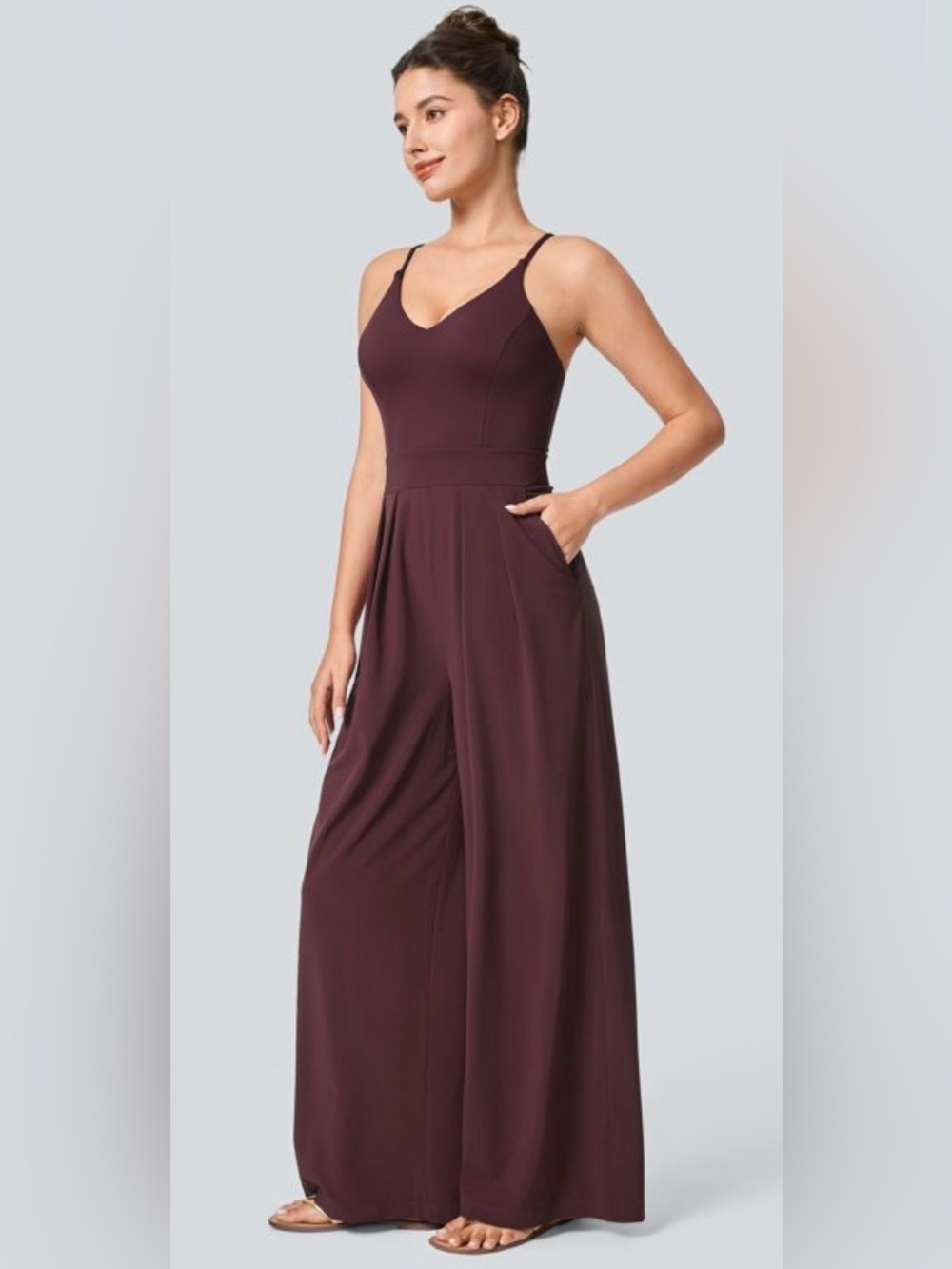Halara Breezeful Backless, Side Zipper Sleeveless Wide Leg Jumpsuit Deep Plum L